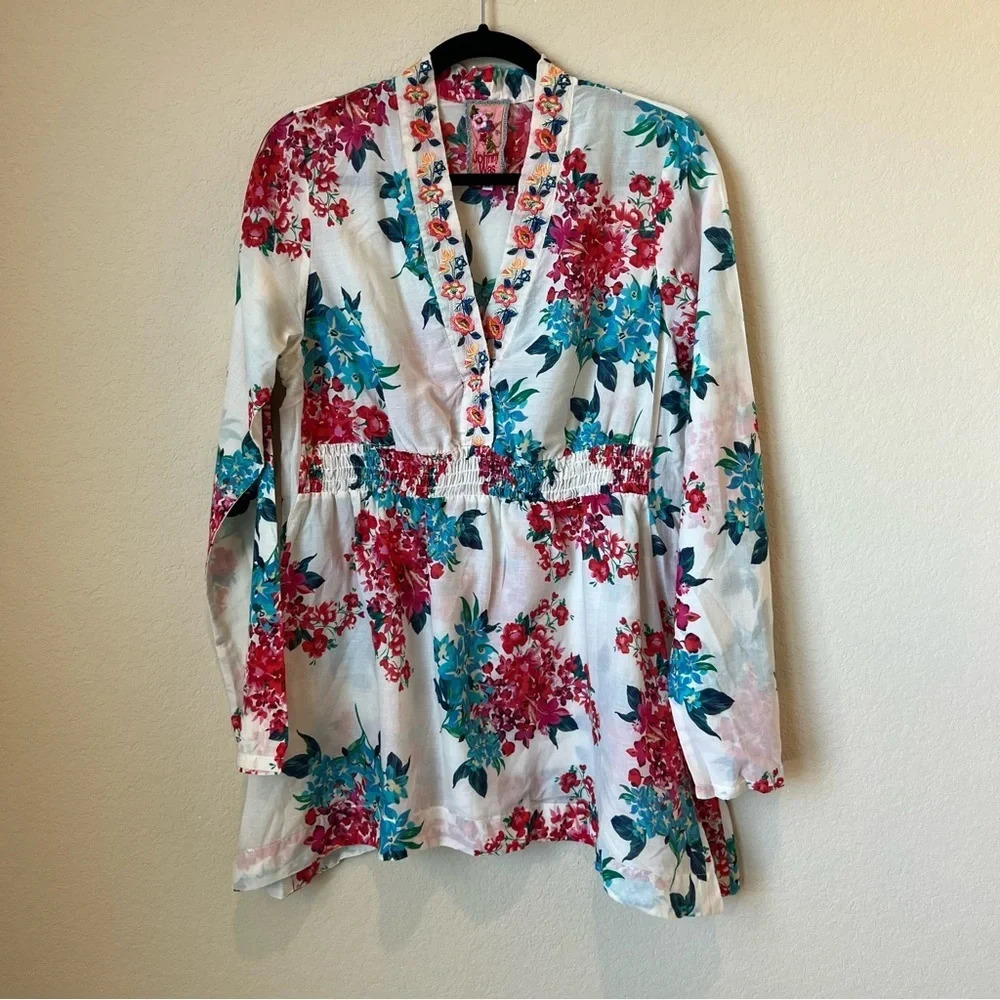Johnny Was Floral V Neck Tunic Blouse